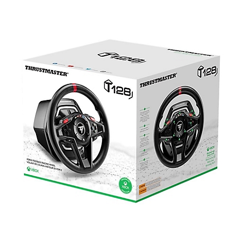 Thrustmaster T128 Rennlenkrad auf Verpackung. Schwarz, roter Akzent, Xbox Logo.