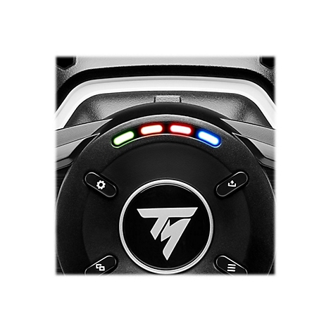 Nahaufnahme eines schwarzen Lenkrads mit grÃ¼nen, roten und blauen Lichtern. Unten befindet sich das Logo.