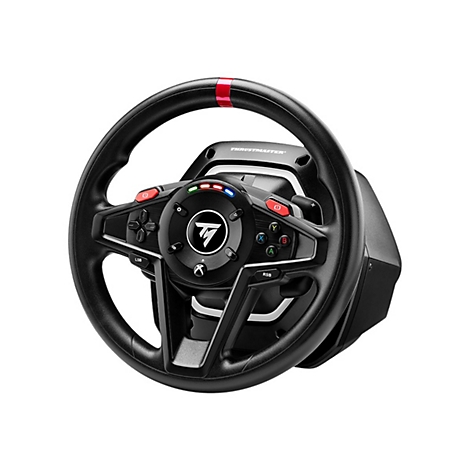 Schwarzes Lenkrad mit farbigen KnÃ¶pfen und rotem Streifen. Thrustmaster-Logo.