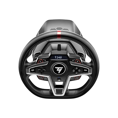 T248 Rennlenkrad in Frontansicht mit schwarzem Leder, T-Logo, Display und PlayStation-Tasten.