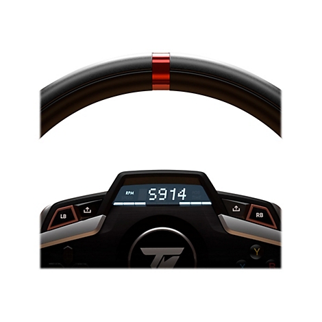 Gaming-Lenkrad mit LED-Display, das die Drehzahl von 5914 anzeigt, inklusive Tasten und roter Zentriermarkierung.