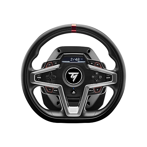Schwarzes Lenkrad mit Buttons, roten Akzenten und Display. Oben steht „2:48“. Im Zentrum das Thrustmaster Logo.