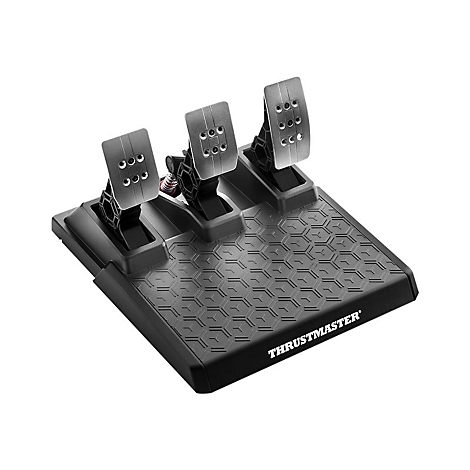 Schwarzes Thrustmaster-Pedalset, drei Pedale, silberfarbene Oberflächen, Sechskantmuster und Markenlogo.