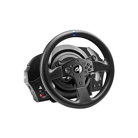 Schwarzes Thrustmaster Lenkrad mit Gran Turismo Logo auf neutralem Hintergrund.