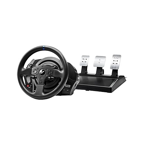 Schwarzes Gaming-Lenkrad mit Pedalerie für Rennsimulationen vor weißem Hintergrund.