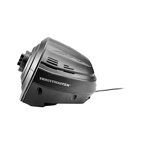 Schwarze Thrustmaster Lenkradbasis in Seitenansicht vor weißem Hintergrund.