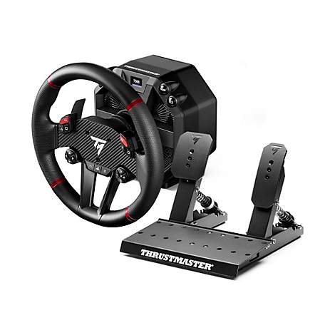 Thrustmaster Rennlenkrad und Pedaleinheit in Schwarz vor weißem Hintergrund.