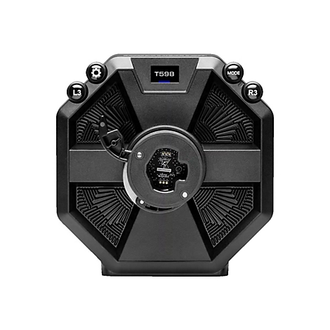 Schwarze Thrustmaster T598 Lenkrad-Basis von vorne mit Anschlüssen, Display und Knöpfen.