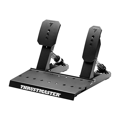 Schwarzes Thrustmaster-Pedalset für Rennsimulationen mit zwei Pedalen auf weißem Hintergrund.
