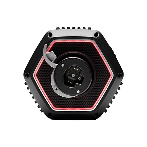 Nahaufnahme der sechseckigen Montagebasis eines Thrustmaster Lenkrads mit roter LED-Beleuchtung auf weißem Hintergrund.