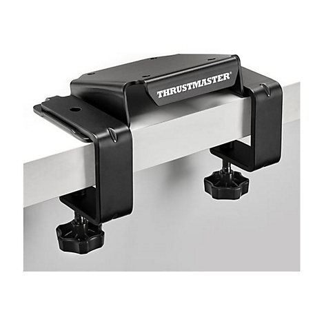 Schwarze Thrustmaster-Tischhalterung aus Metall mit zwei manuellen Schraubklemmen an einer weißen Tischkante.