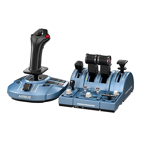 Thrustmaster Airbus Edition Flugsimulator-Set mit Joystick und Schubhebel-Einheit in blauem Metall-Design.