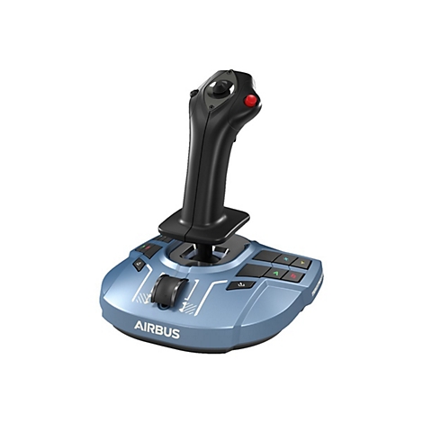 Ein Joystick, blau-schwarz, mit 'Airbus' Schriftzug, rotem Knopf, fÃ¼r Flugsimulatoren.