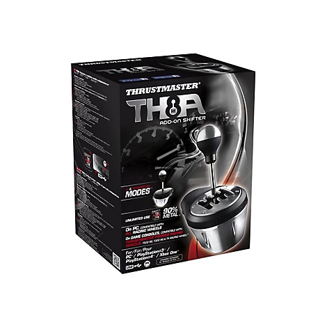 Produktverpackung des TH8A Add-On Shifter von Thrustmaster. Der Shifter ist teilweise abgebildet.