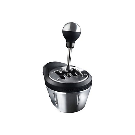 Thrustmaster Gangschaltung mit Metallknauf und H-Schaltschema auf hellem Hintergrund.