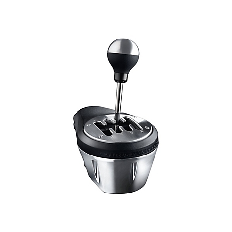 Thrustmaster Gangschaltung in Silber und Schwarz vor weißem Hintergrund.