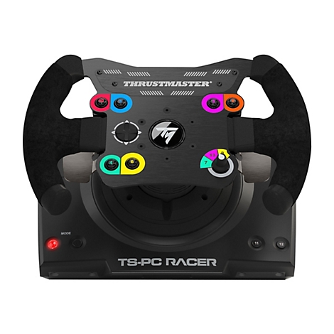 Thrustmaster TS-PC Racer Rennlenkrad mit farbigen Knöpfen und schwarzer Basis auf weißem Grund.