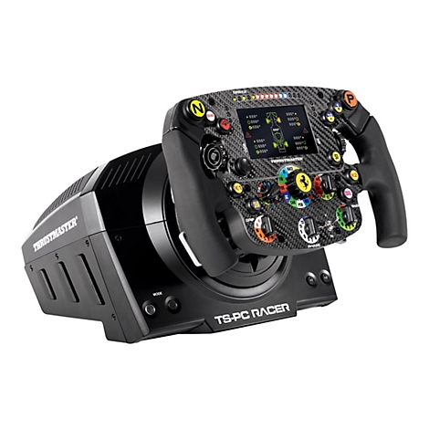 Thrustmaster TS-PC Racer Lenkrad mit Ferrari-Design, Carbon-Optik und zahlreichen bunten Funktionsknöpfen.