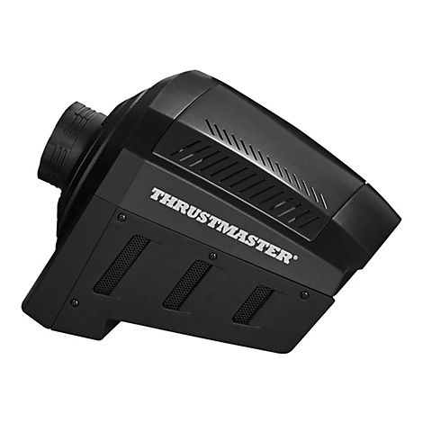Schwarze Thrustmaster Rennspiel-Basis mit Lüftungsschlitzen auf weißem Hintergrund.