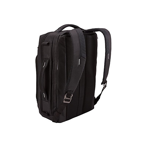 Schwarzer Rucksack mit gepolsterten Schultergurten und Tragegriff.