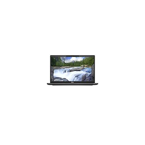 Dunkelgraues Laptop vor Landschaft, Display zeigt Fluss und Berge.