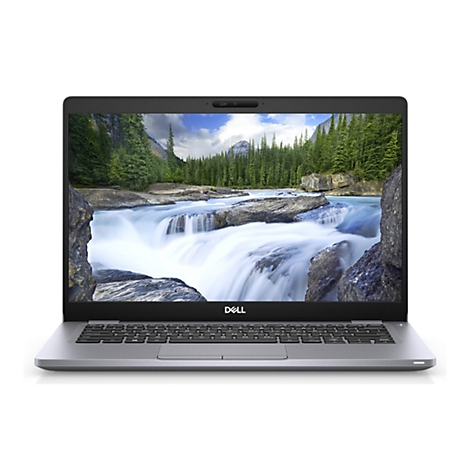 Grauer Laptop mit offenem Display, auf dem ein Wasserfall vor einer Berglandschaft zu sehen ist. Die Tastatur ist ebenfalls grau, das Dell-Logo ist am unteren Bildschirmrand zu sehen.