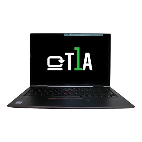 Schwarzes ThinkPad Laptop mit TLA Logo auf dem Bildschirm vor weißem Hintergrund.