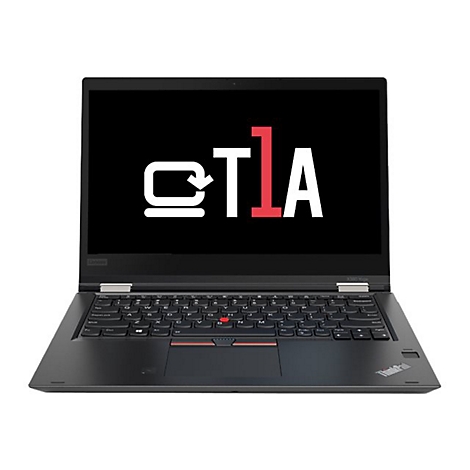 Schwarzes Lenovo ThinkPad Laptop, geöffnet, mit rotem Trackpoint. Auf dem Bildschirm: weißes Logo auf schwarzem Hintergrund.