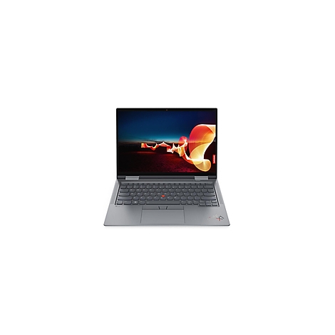 Grauer Laptop mit geöffnetem Display, rotes Lenovo Logo.