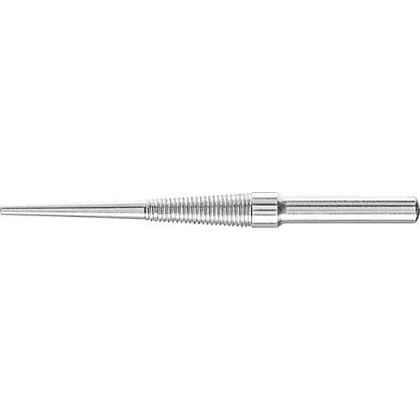 Un robinet métallique avec une tige conique, une section centrale moletée et une extrémité cylindrique.