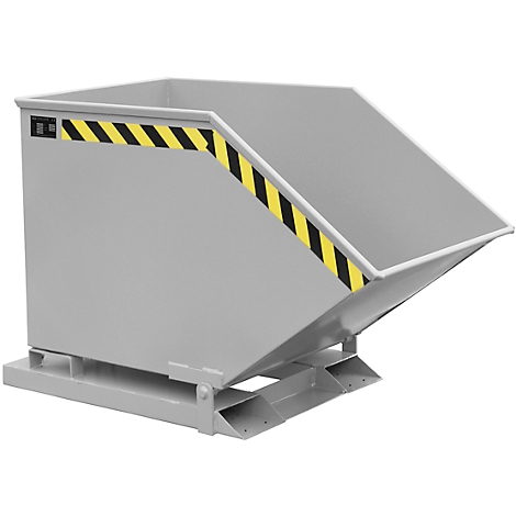 Gray steel tipping skip with yellow and black warning tape, tilting on a pallet base.