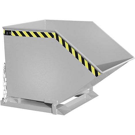 Grey metal tipping skip, with black and yellow warning stripes.