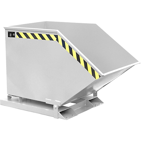 Gray metal tipper with yellow and black warning stripes.