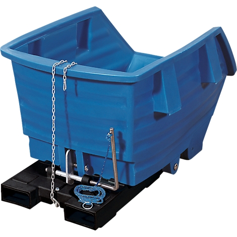 Blue container on black base. Chain, rope and metal bar are also visible.
