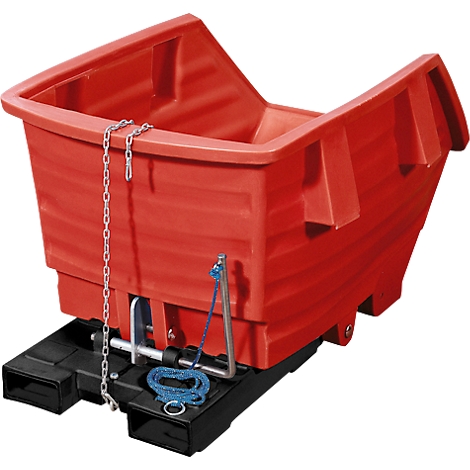 Red tipper, chains and rope, on a black base. Suitable for transporting goods.