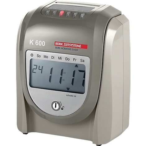Gray time clock with display. Time is 11:17 a.m. Brand: Bork Zeitsysteme. Date: May 24.