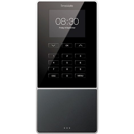 Grey time tracking device with screen showing time 08:30, date September 8. Keyboard with numbers and function keys.