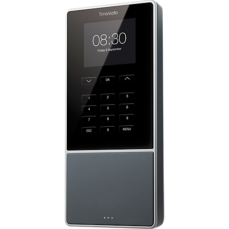 Time recording system showing the time, keyboard and gray elements.