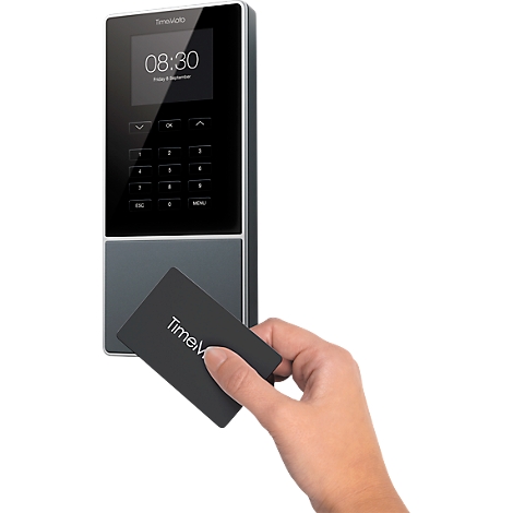 Hand holding a black card with "TimeMoto" to a time clock device.