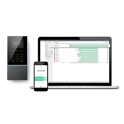 Gray terminal with screen and keys, next to laptop, smartphone with clock. Data analysis and time tracking.