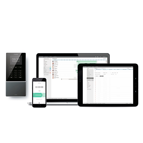 Gray door opener, smartphone, laptop and tablet with software view side by side.