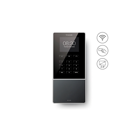 Black and gray door communication system with touchscreen, number keys and symbols for WiFi, card and screen size.