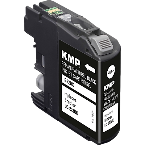 Schwarze KMP Tintenpatrone B62BX als Ersatz für Brother LC-223BK vor neutralem Hintergrund.