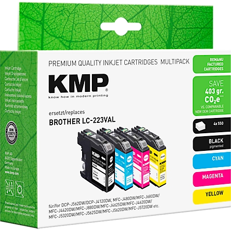 Multipack KMP Druckerpatronen für Brother LC-223VAL, bestehend aus Schwarz, Cyan, Magenta und Gelb.