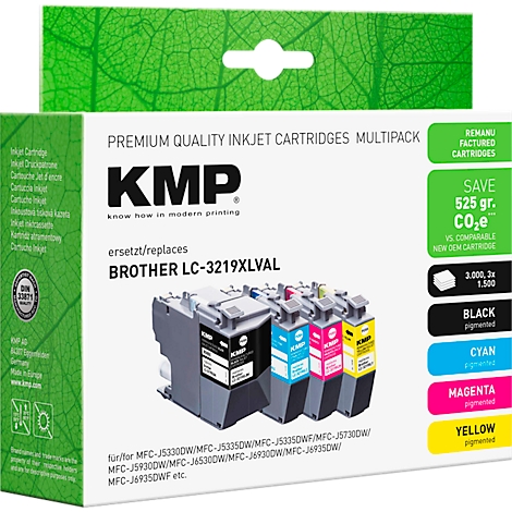 KMP Tintenpatronen-Multipack für Brother-Drucker mit vier farbigen Patronen auf weißem Karton.