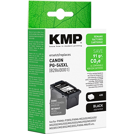 KMP Druckerpatrone, kompatibel mit Canon PG-545XL, schwarz, in grüner Verpackung mit Umwelt-Hinweis.