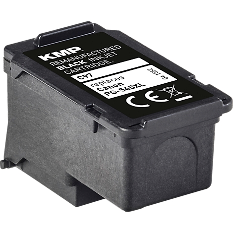 Schwarze KMP Druckerpatrone C97 als Ersatz für Canon PG-545XL vor weißem Hintergrund.