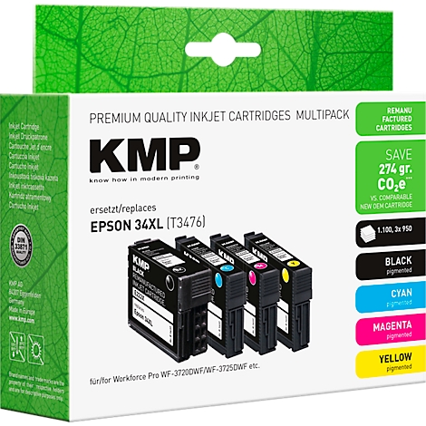 KMP Tintenpatronen-Multipack als Ersatz für Epson 34XL, mit vier farbigen Patronen auf weißem Karton mit grünem Blattmuster.