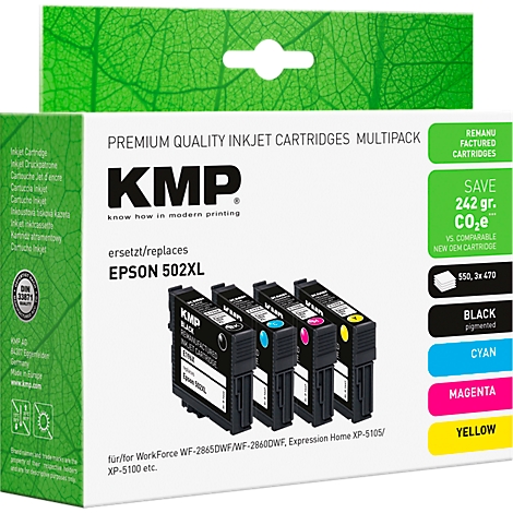 KMP Multipack Druckerpatronen für Epson 502XL in weisser Box mit grünem Blattmuster.