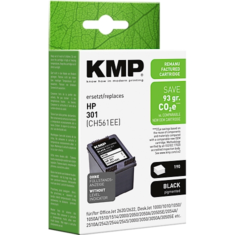 KMP Druckerkartusche schwarz als Ersatz für HP 301 in grüner Kartonverpackung mit Produktabbildung.